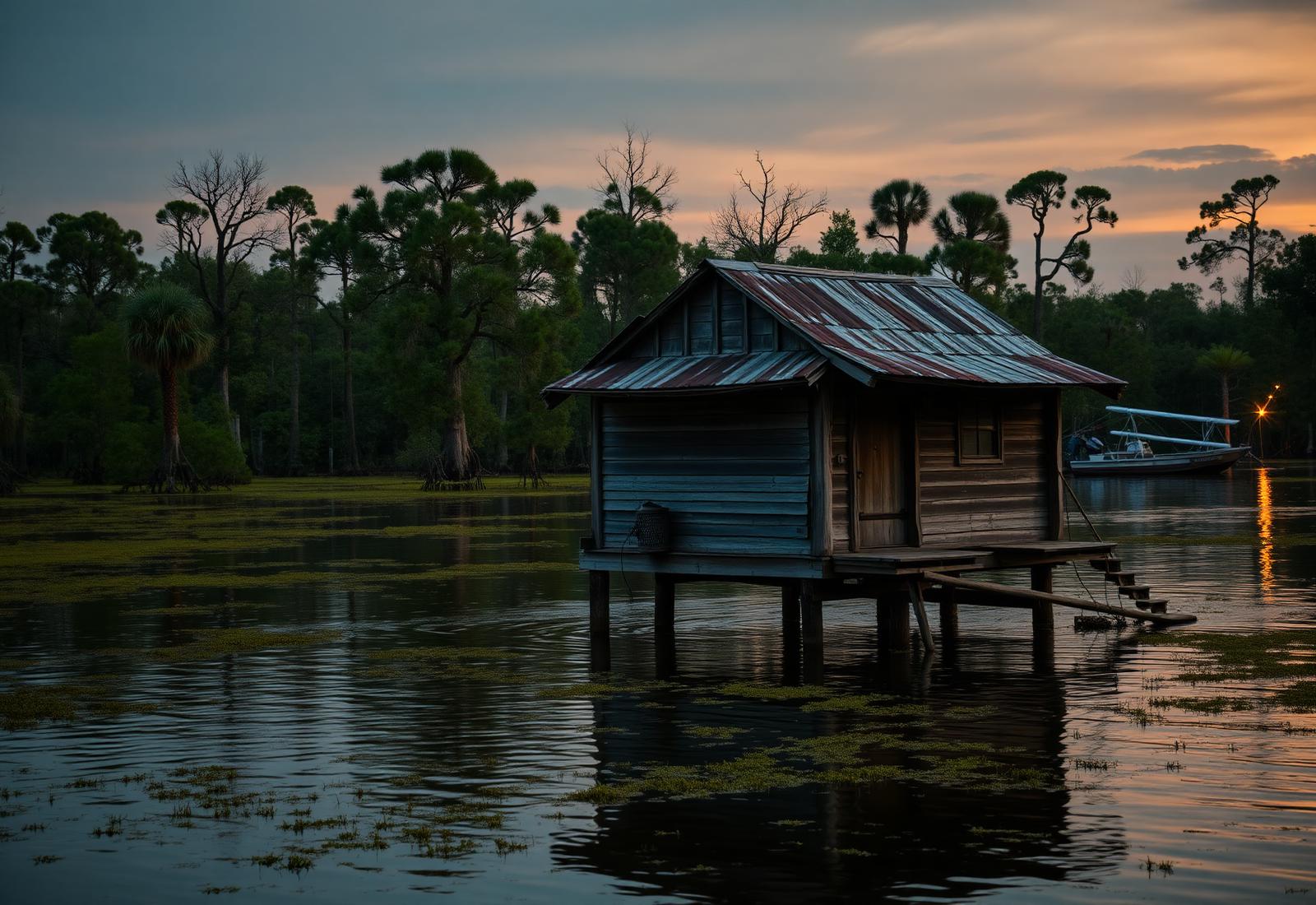 Louisiana bayou cabin on stilts at dusk